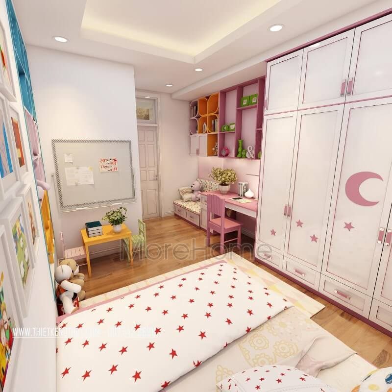 Tông màu hồng nổi bật được sử dụng để thiết kế nội thất phòng ngủ cho bé gái sẽ giúp tạo nên một không gian sống đầy hứng thú và tò mò cho trẻ.
